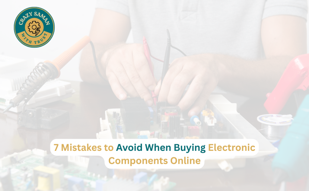 Assorted electronic components like resistors, capacitors, ICs and LEDs laid out on a table